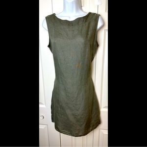 BELLAMBRA 100% Linen Dress Olive Green Made in Italy Crochet Back Sheath Shift